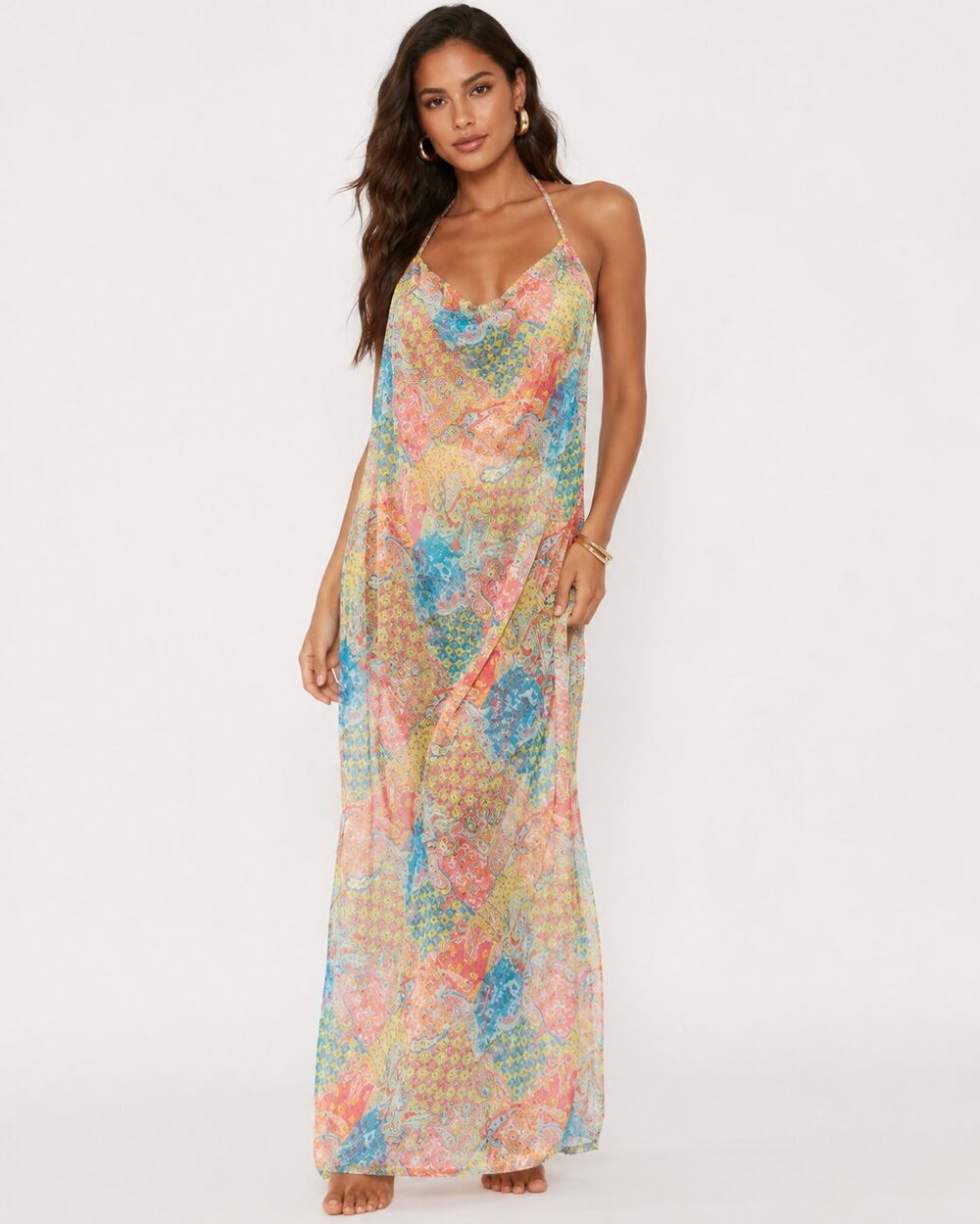New PrettyLittleThing Lemon Paisley Mesh Beach Dress Size Large
